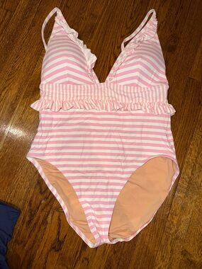 J. Crew Pink and White Striped Ruffle One-Piece Swimsuit